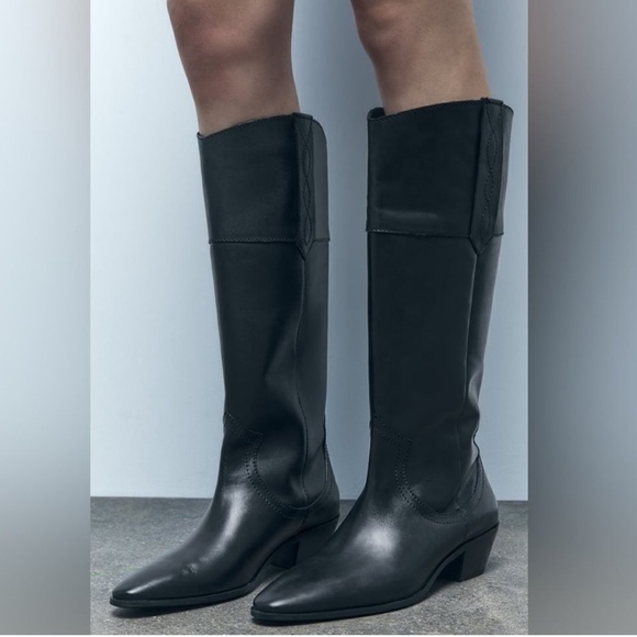 Zara Black Heeled Leather Cowboy Boots - Picture 1 of 8